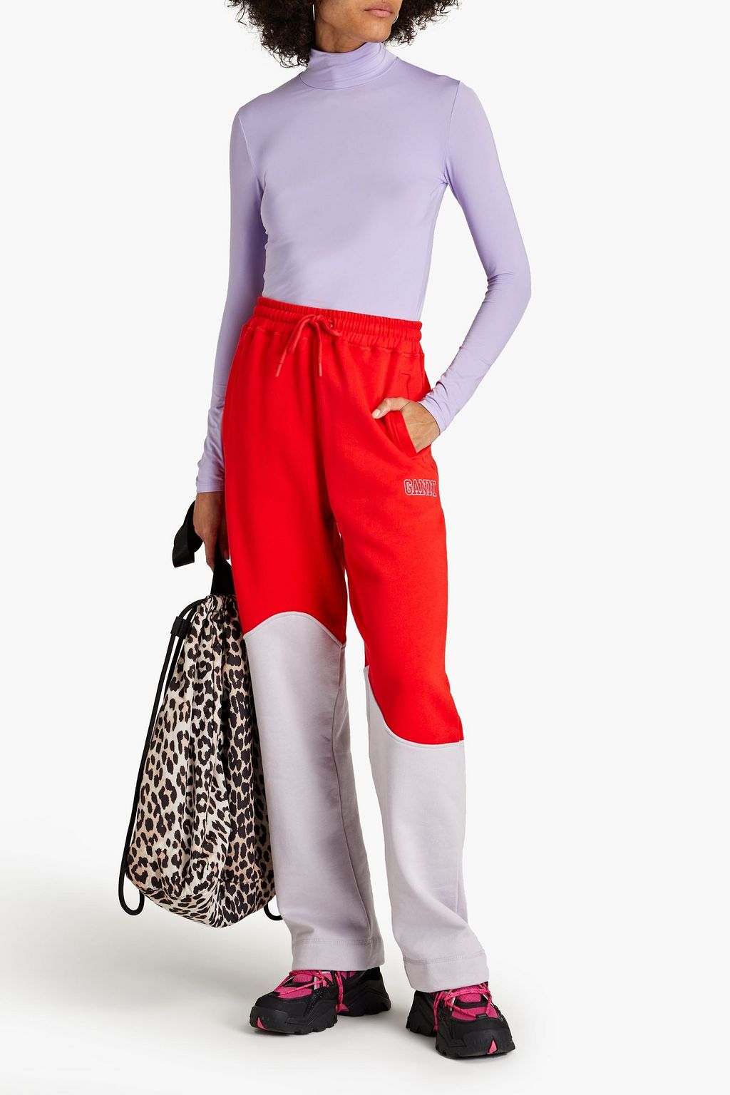 GANNI Embroidered two-tone organic cotton-fleece track pants