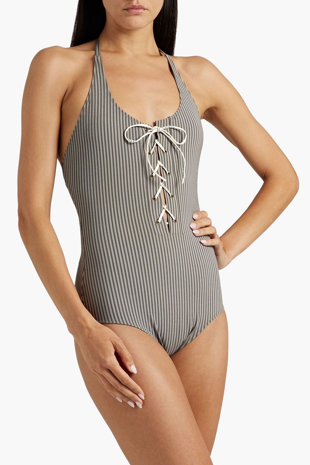 LOVE STORIES Lace-up striped seersucker swimsuit