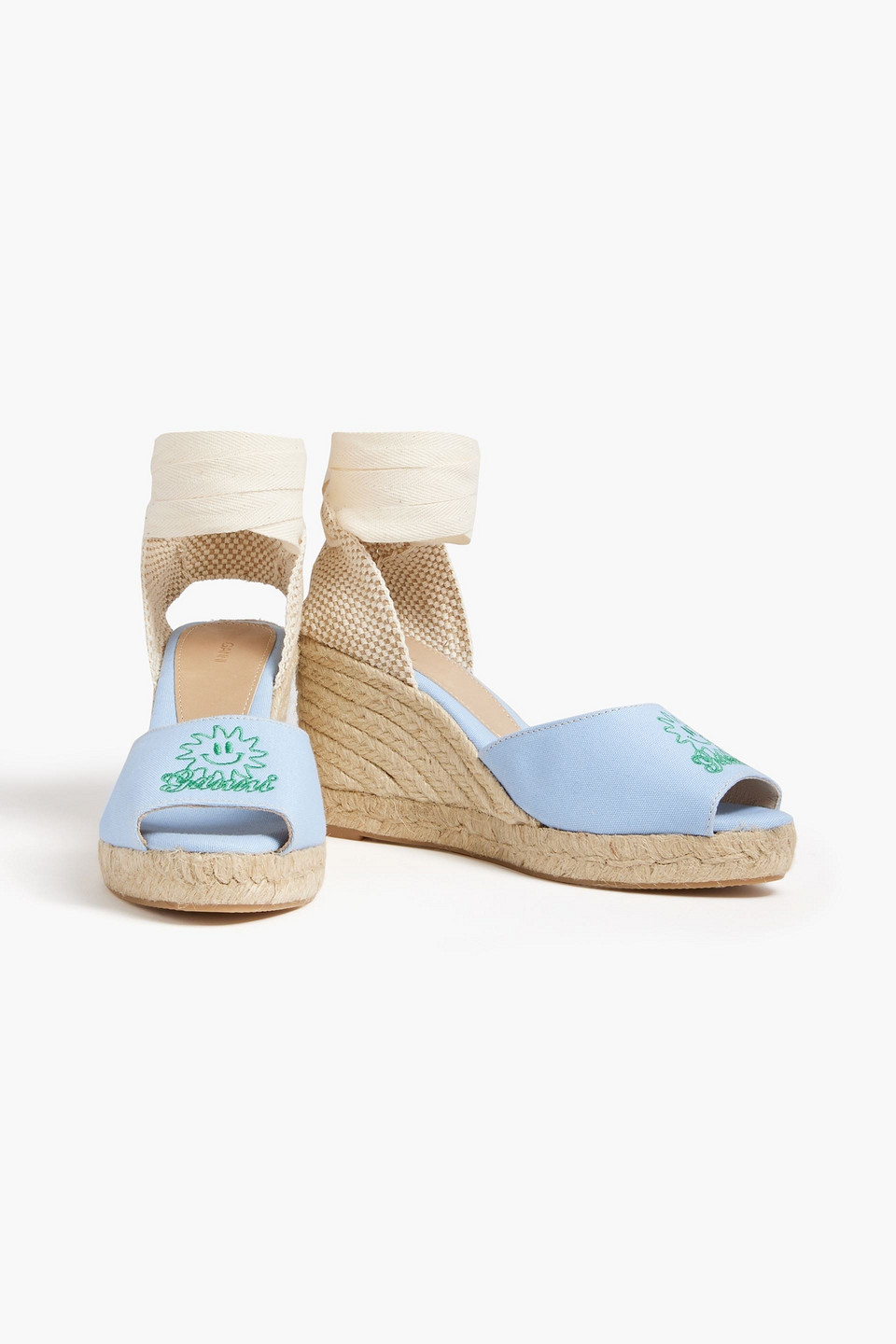 Ganni Embroidered Canvas Wedge Espadrilles In Light Blue