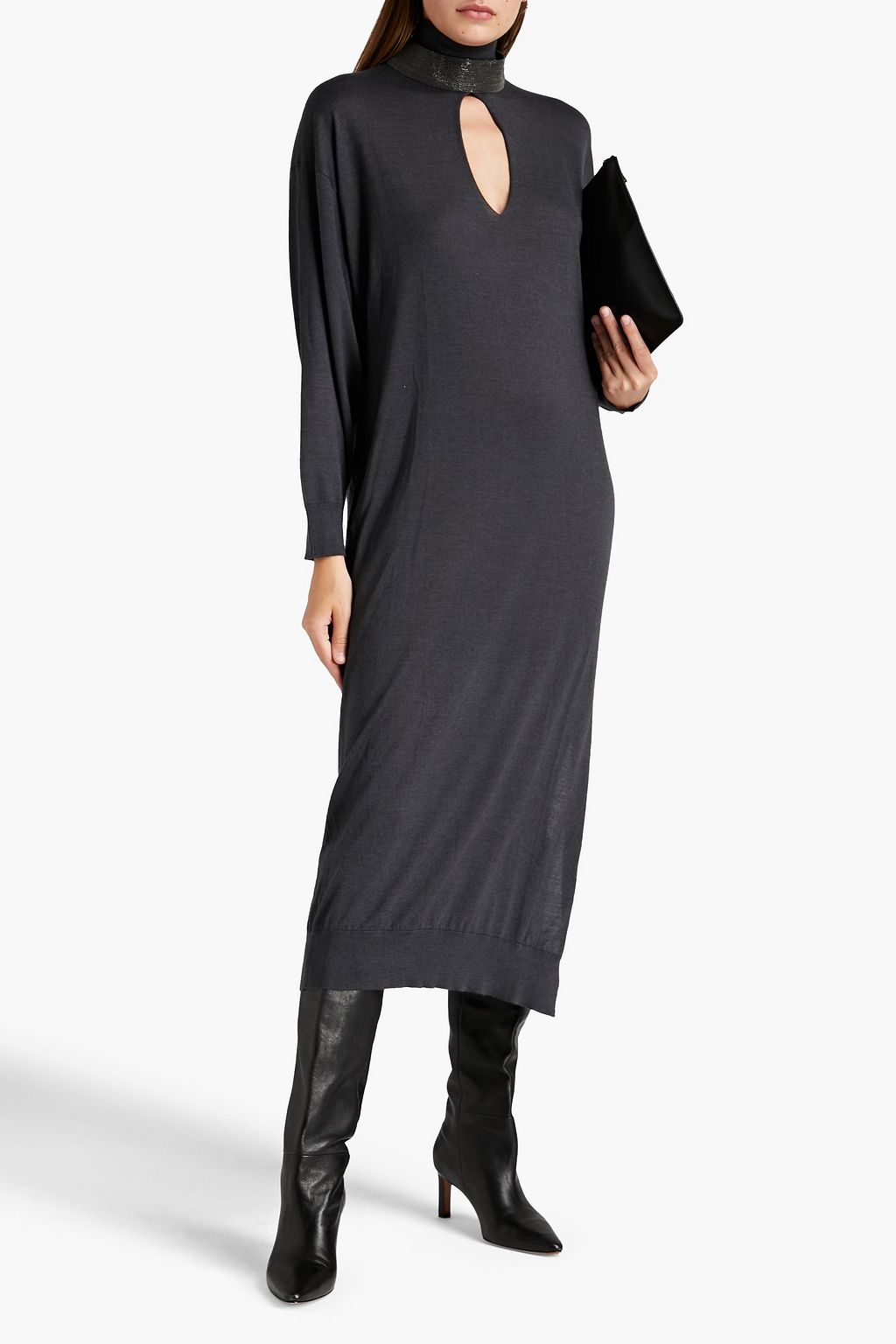 BRUNELLO CUCINELLI Bead-embellished cashmere and silk-blend turtleneck midi dress