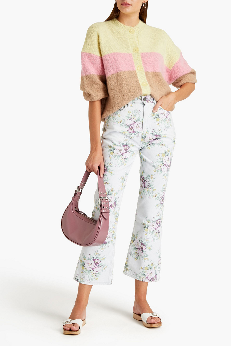 Ganni Cropped Floral-print High-rise Flared Jeans In Sky Blue
