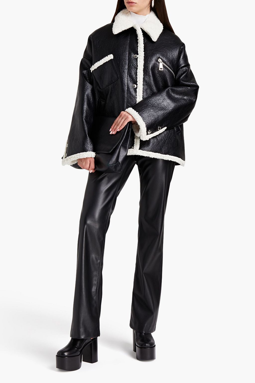 KHRISJOY Faux shearling-lined shell-paneled crinkled faux leather jacket