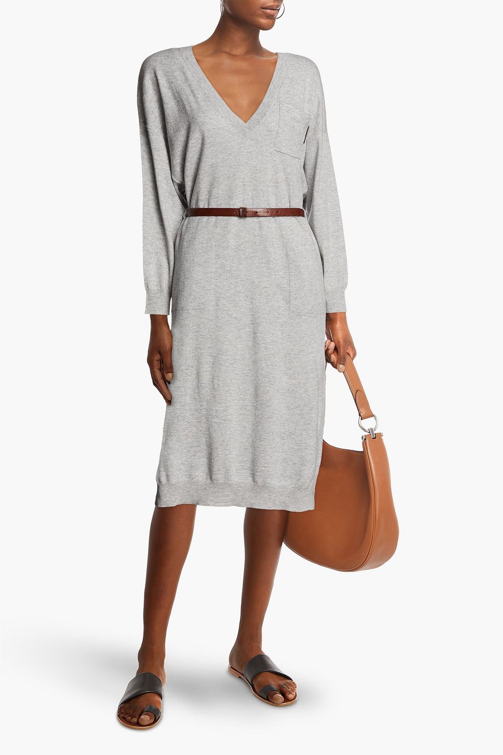 BRUNELLO CUCINELLI Midikleid aus meliertem Kaschmir mit Zierperlen