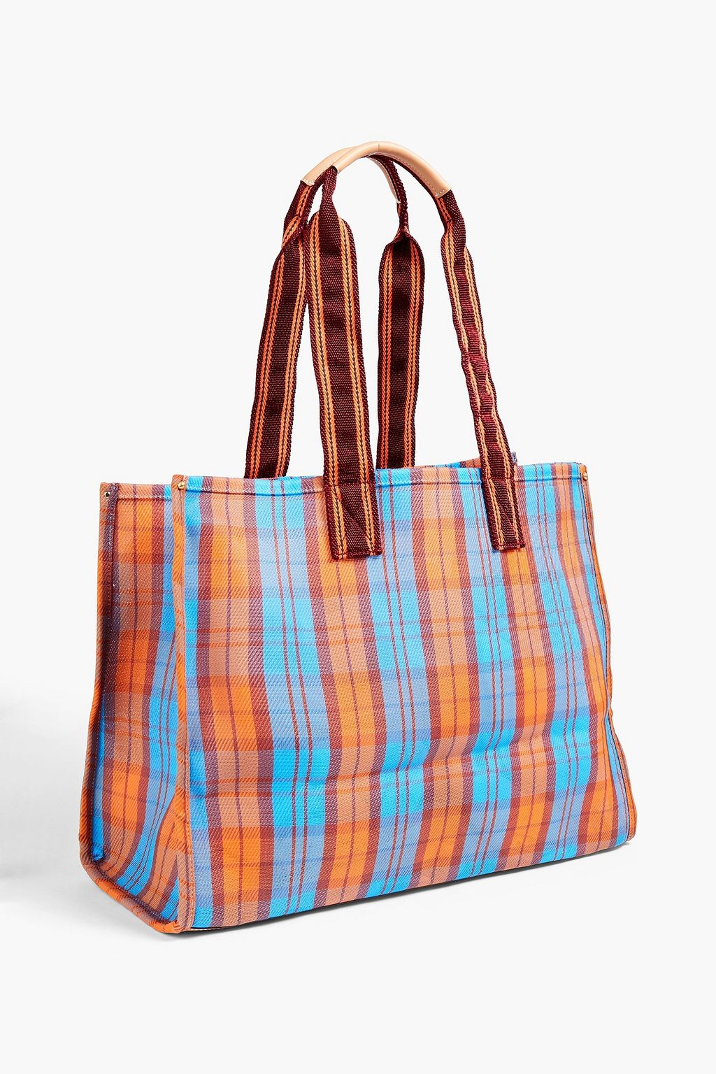 TORY BURCH Ella faux leather-trimmed checked woven tote