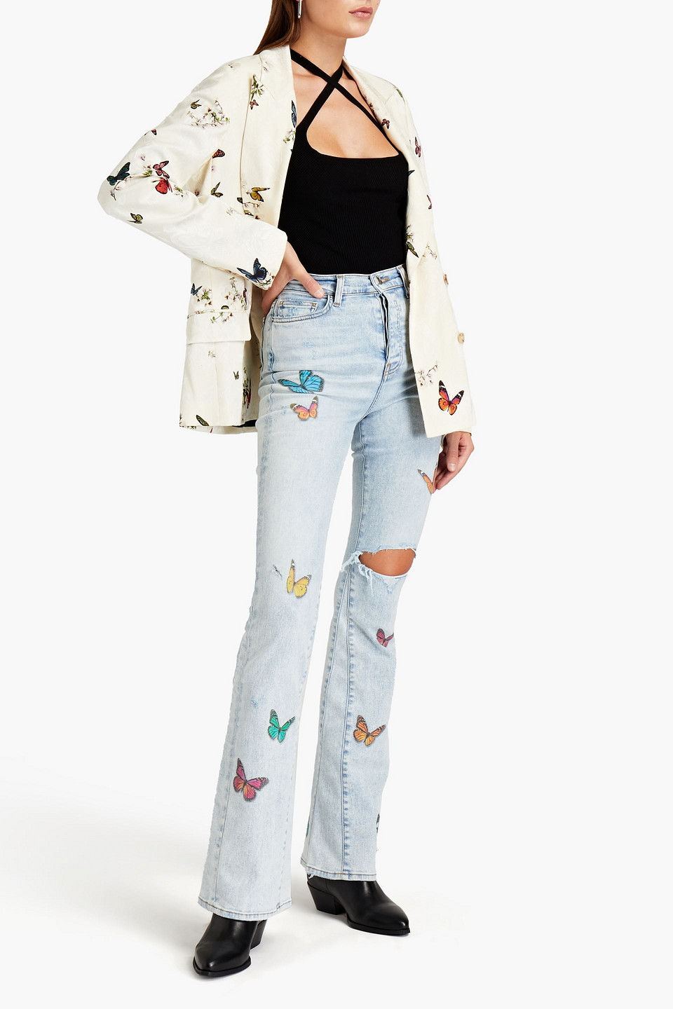 Amiri Printed Distressed Faded High-rise Flared Jeans In Multi