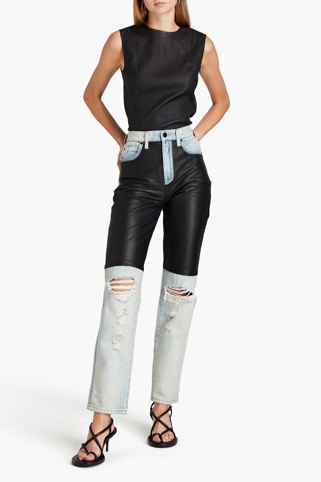 ALEXANDER WANG 가죽 패널 디스트레스드 하이 라이즈 슬림 레그 진
