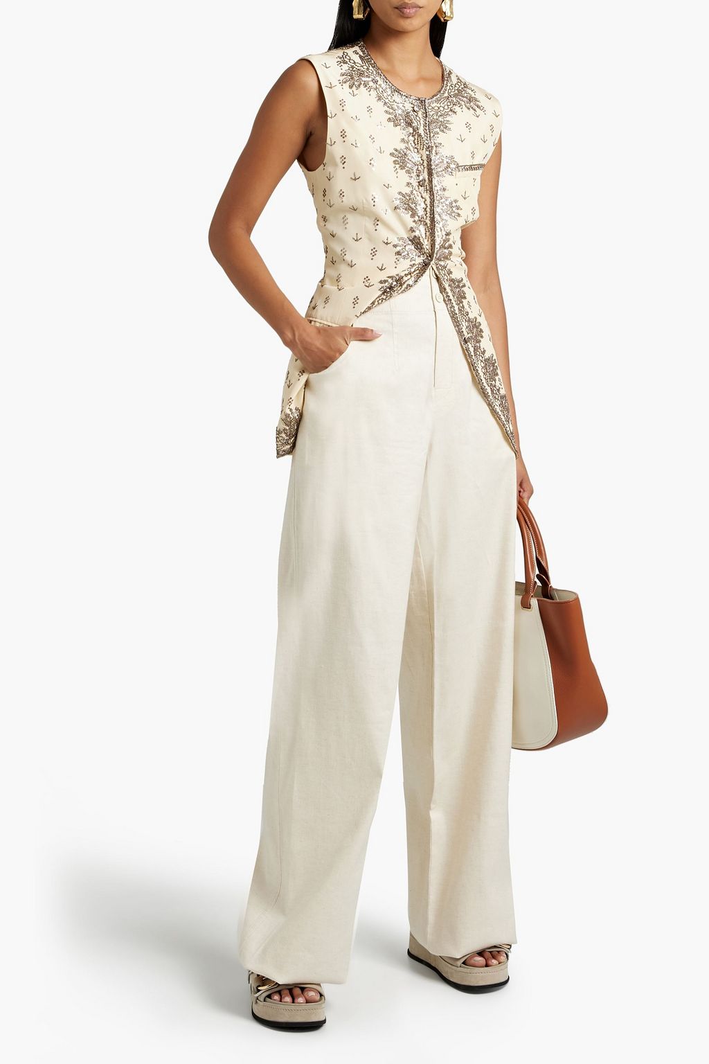 TOD'S Slub linen-blend twill wide-leg pants