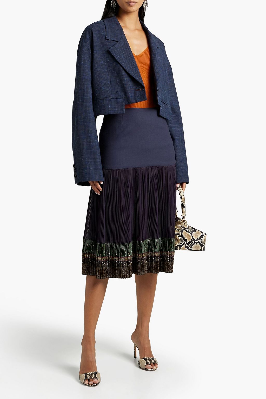 ETRO Ballet plissé crepe de chine-paneled woven midi skirt