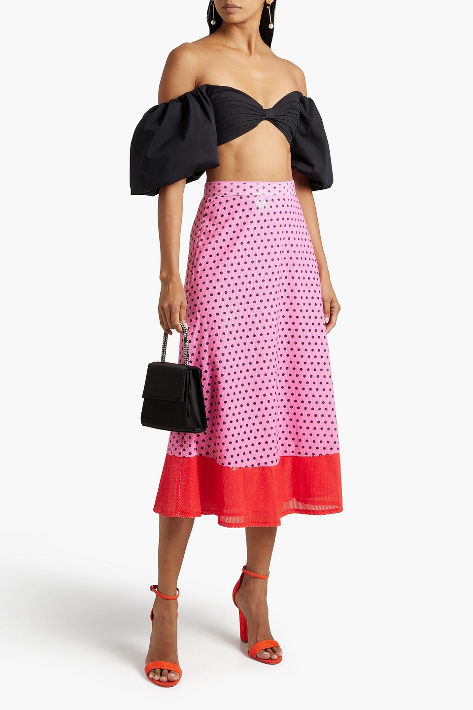 OLIVIA RUBIN PENELOPE SEQUINED POLKA DOT-PANELED CHIFFON MIDI SKIRT,3074457345632072655