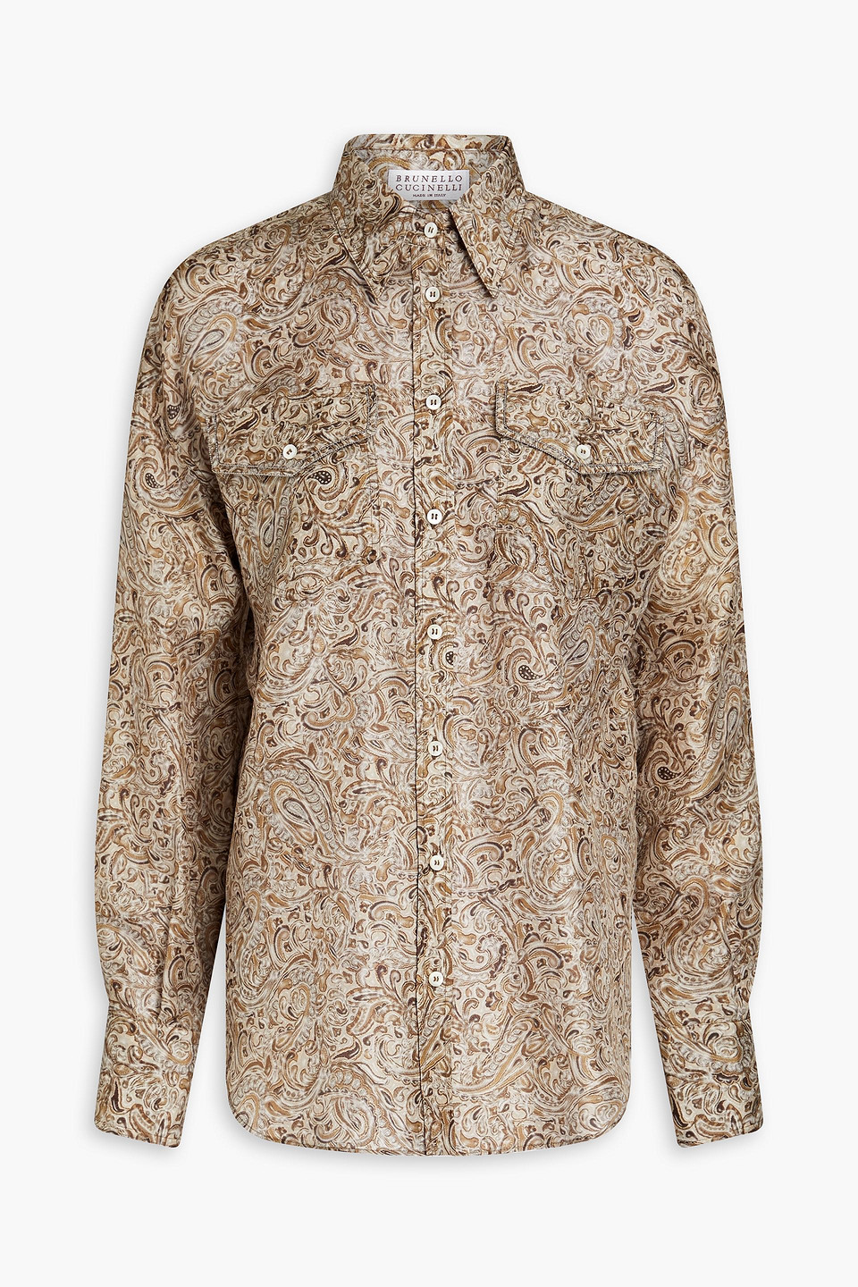 Brunello Cucinelli - Bead-embellished printed silk-habotai shirt - Neutral - S