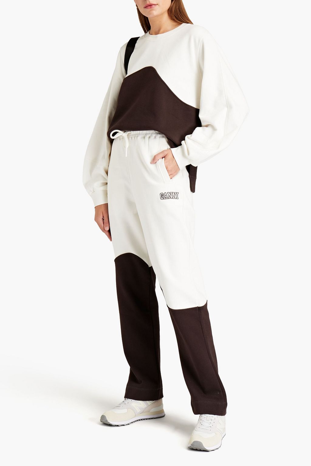 GANNI Embroidered two-tone organic cotton-fleece track pants