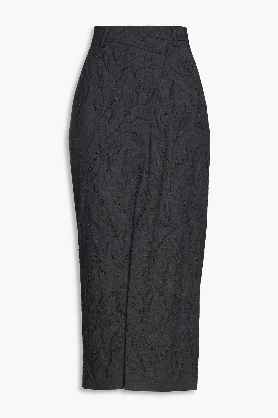 Brunello Cucinelli - Wrap-effect embellished wool-blend midi skirt - Gray - IT 42