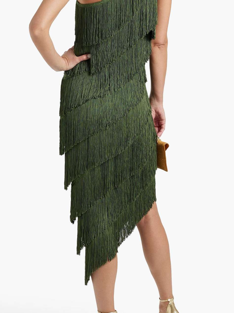 one-shoulder fringed stretch-jersey midi dress