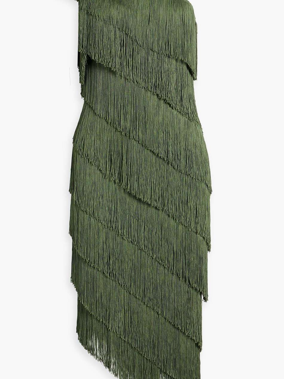 one-shoulder fringed stretch-jersey midi dress