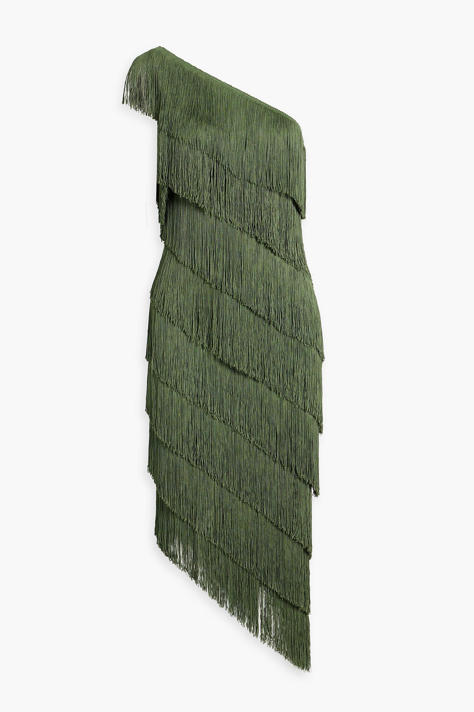 Norma Kamali One-shoulder Fringed Stretch-jersey Midi Dress In Leaf Green