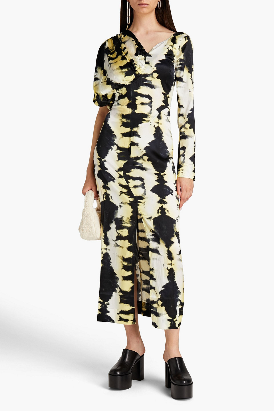 Shop Ganni Tie-dyed Stretch-silk Satin Midi Dress In Black