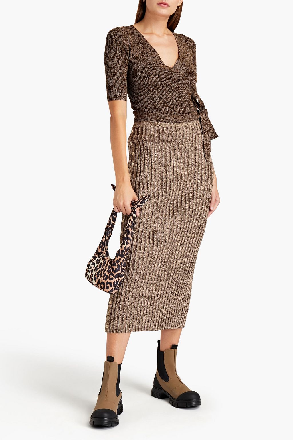 GANNI Marled ribbed-knit wrap top