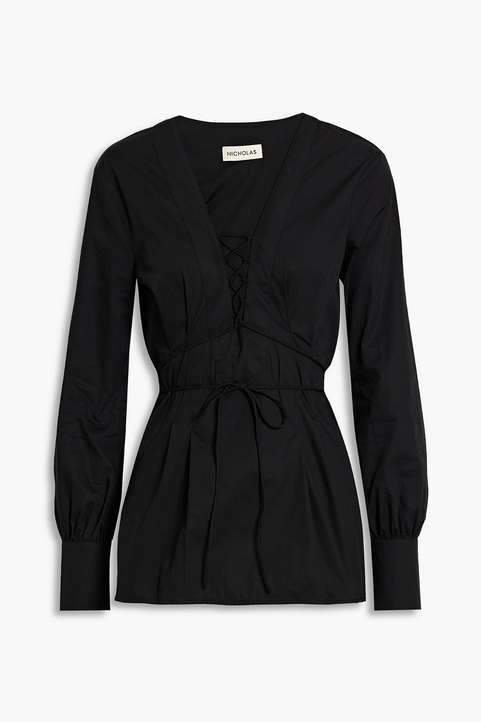 nicholas - lace-up pleated cotton-poplin top - black - us 10