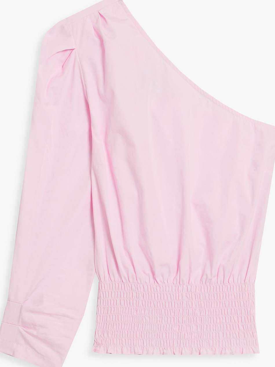 one-shoulder shirred cotton-poplin top
