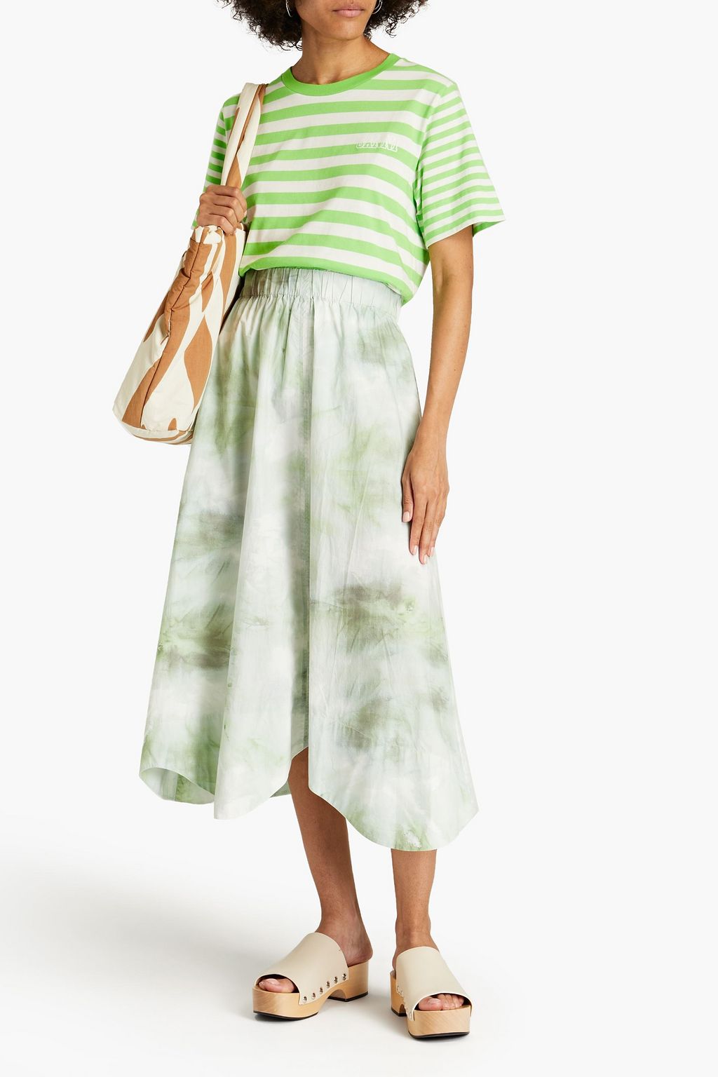 GANNI Gathered tie-dyed organic cotton-poplin midi skirt