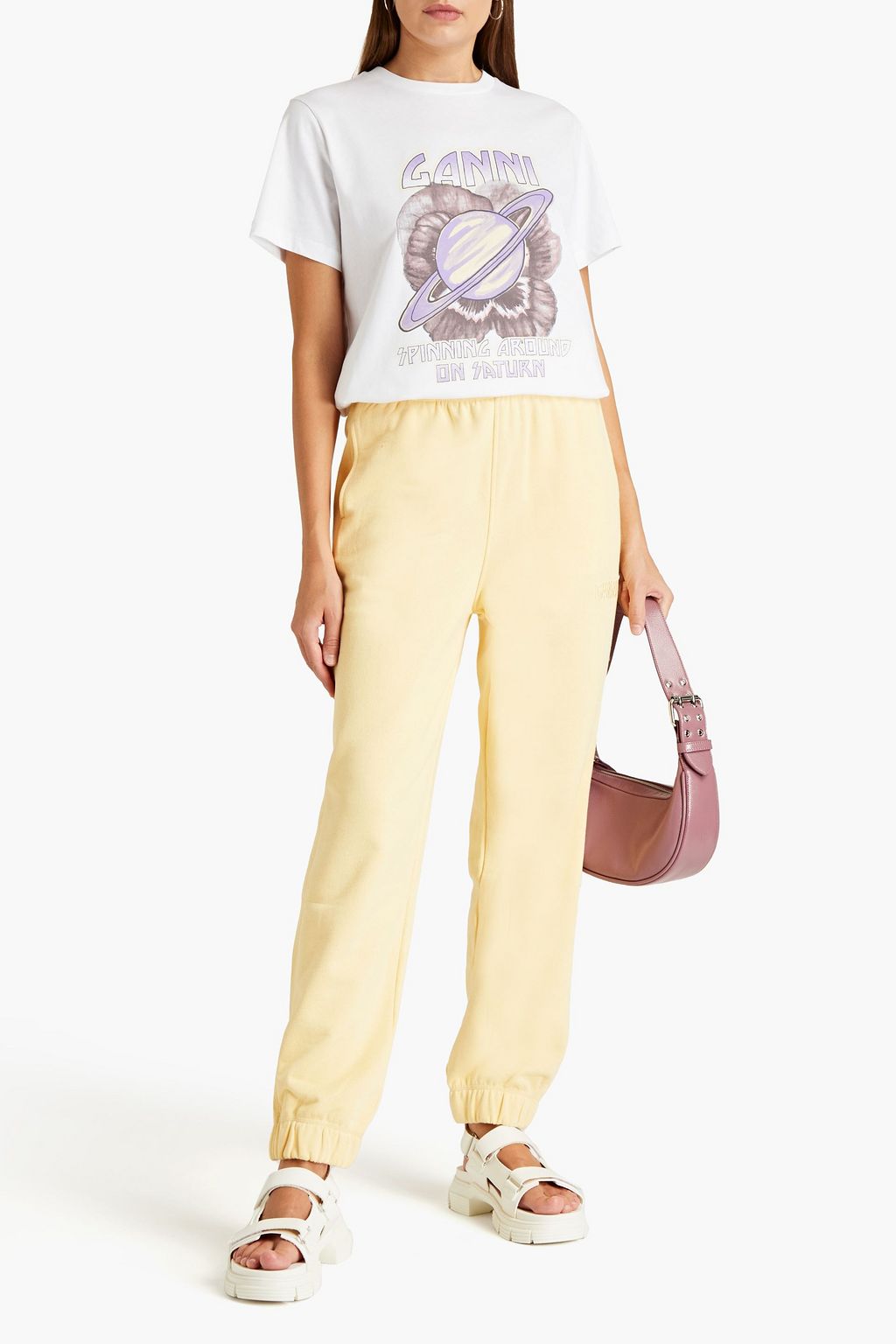 GANNI Embroidered French cotton-blend terry track pants