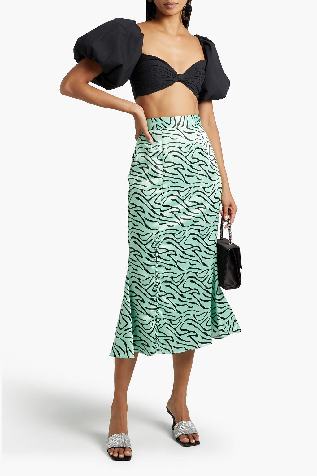 OLIVIA RUBIN Hanna buttondetailed zebraprint satin midi skirt THE