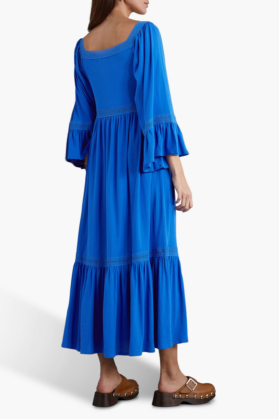 Shop See By Chloé Crocheted Lace-trimmed Cotton-jersey Maxi Dress In Bright Blue