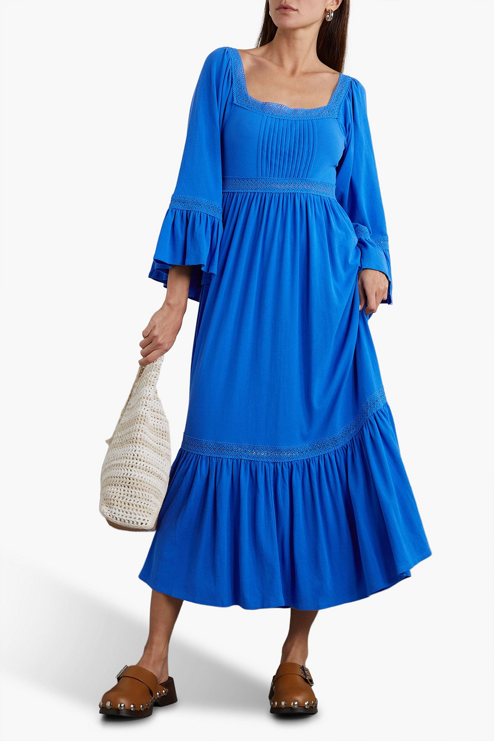 Shop See By Chloé Crocheted Lace-trimmed Cotton-jersey Maxi Dress In Bright Blue