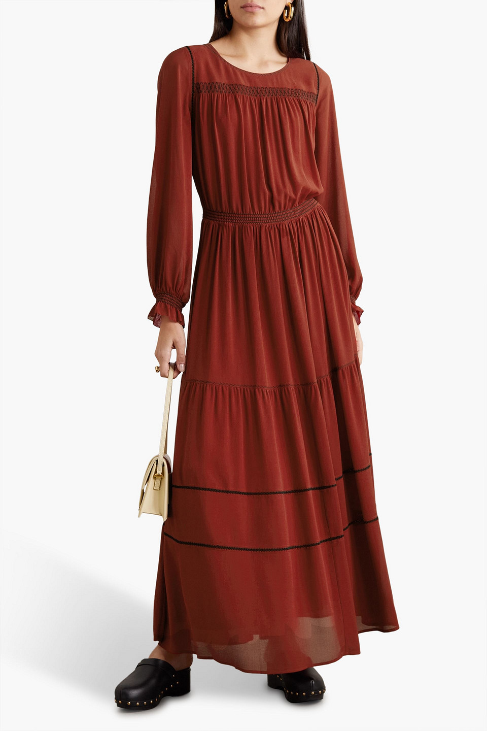 Shop See By Chloé Embroidered Georgette Maxi Dress In Brick