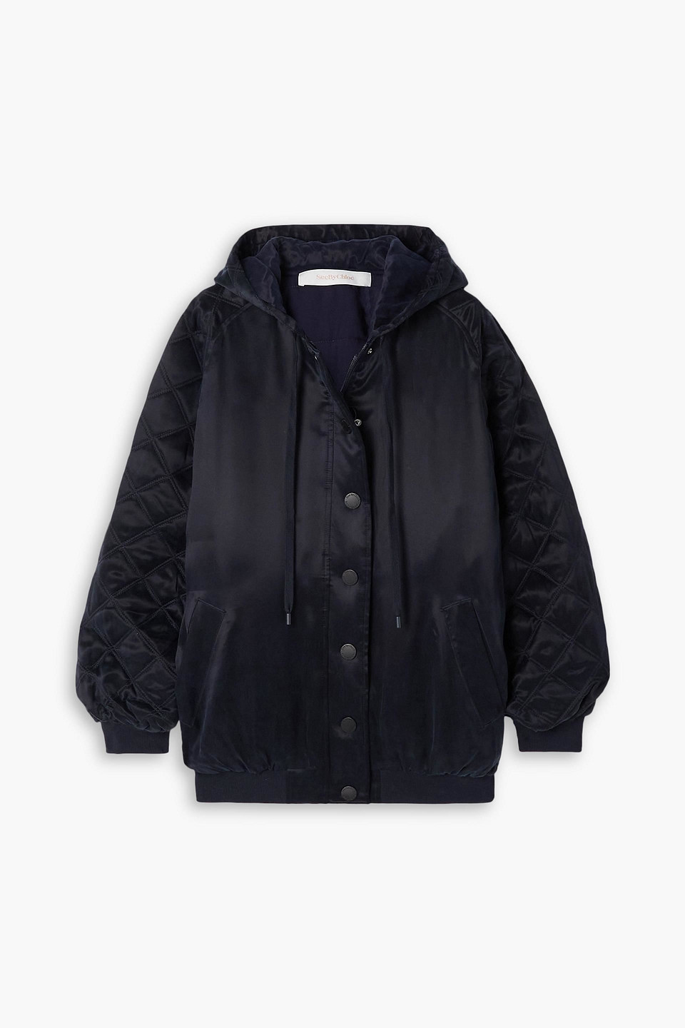 See By Chloé Quilted Shell Hooded Bomber Jacket In Midnight Blue