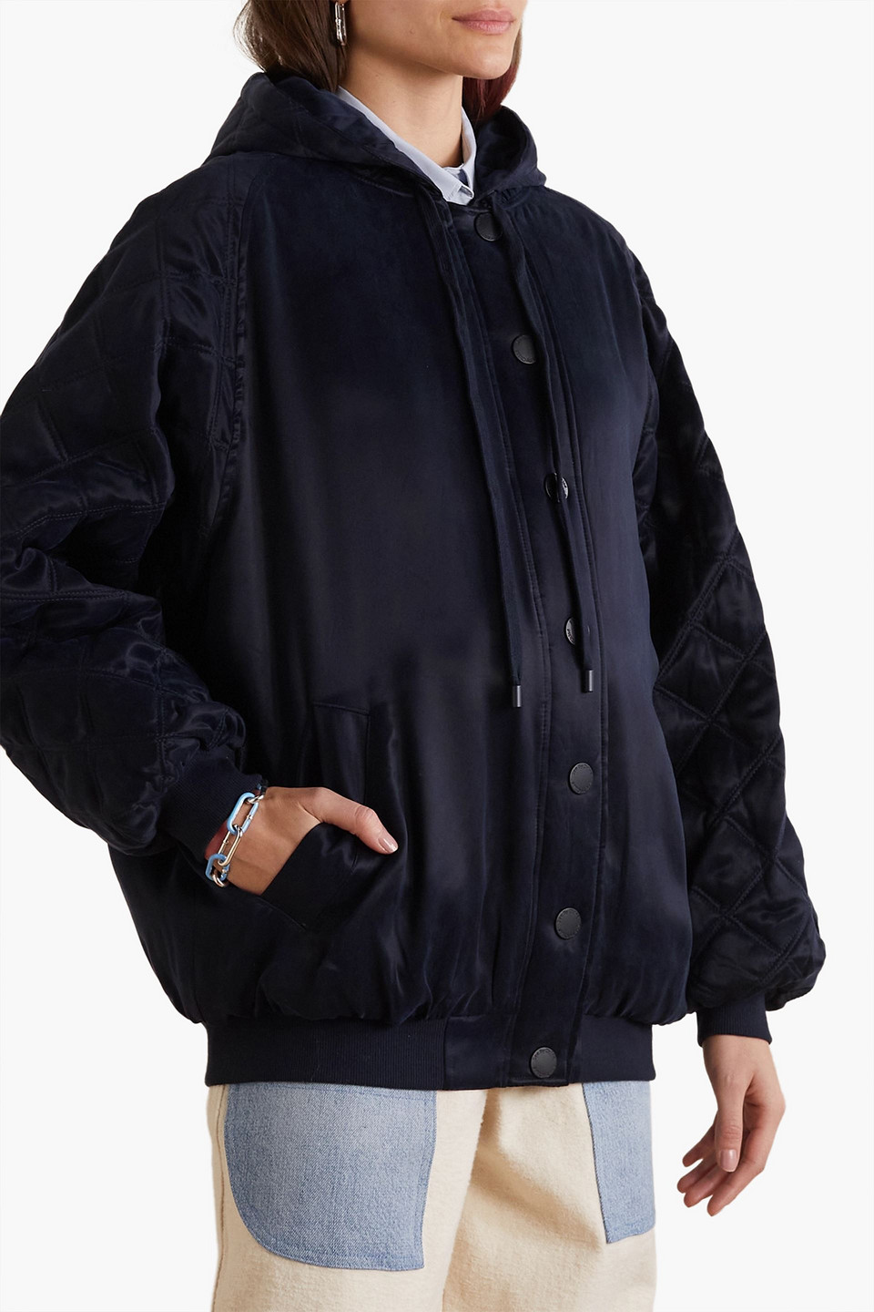 Shop See By Chloé Quilted Shell Hooded Bomber Jacket In Midnight Blue