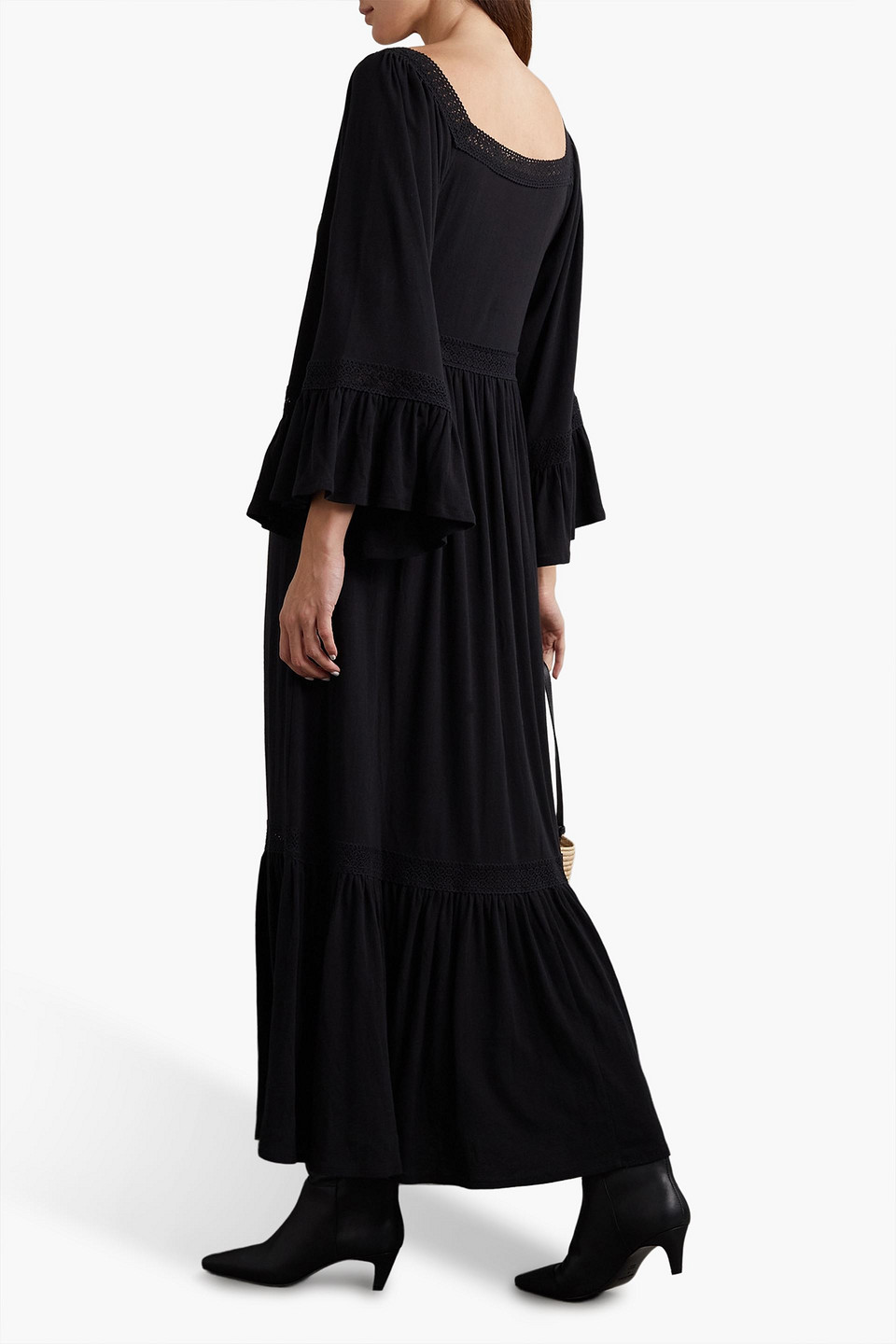 Shop See By Chloé Crocheted Lace-trimmed Cotton-jersey Maxi Dress In Black