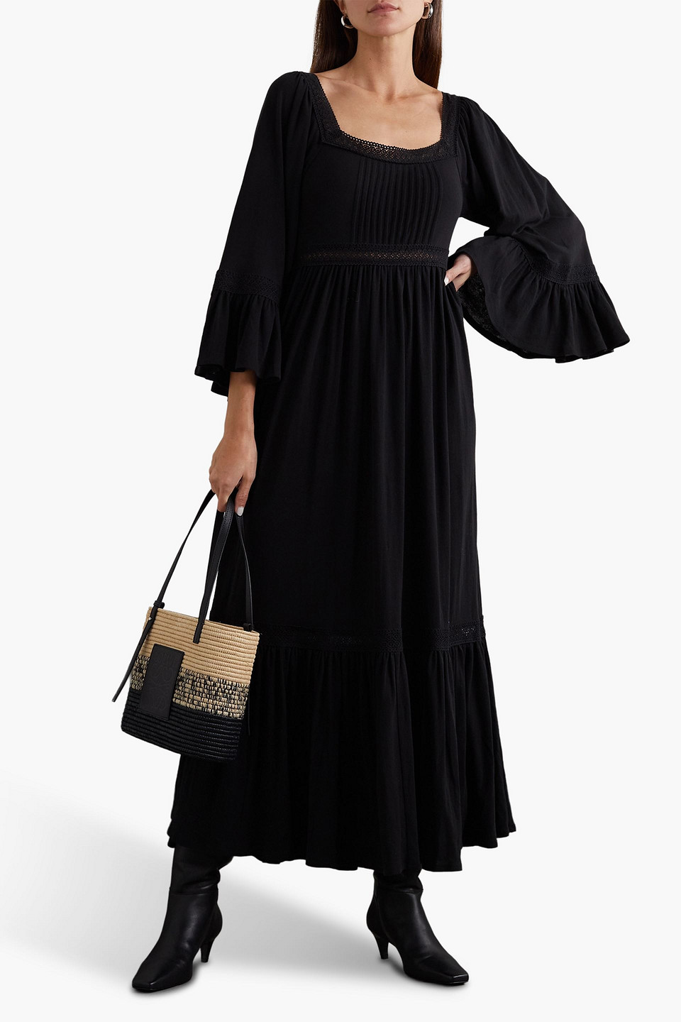 Shop See By Chloé Crocheted Lace-trimmed Cotton-jersey Maxi Dress In Black