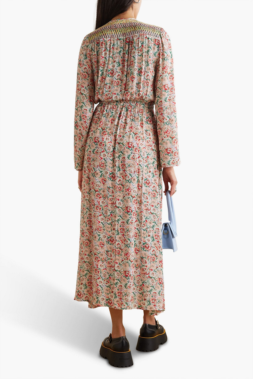 Shop See By Chloé Wrap-effect Smocked Floral-print Crepe Maxi Dress In Blush