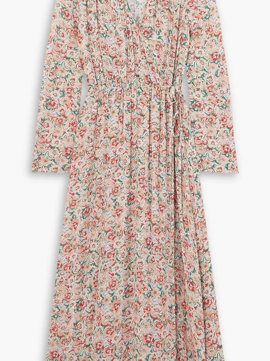 wrap-effect smocked floral-print crepe maxi dress