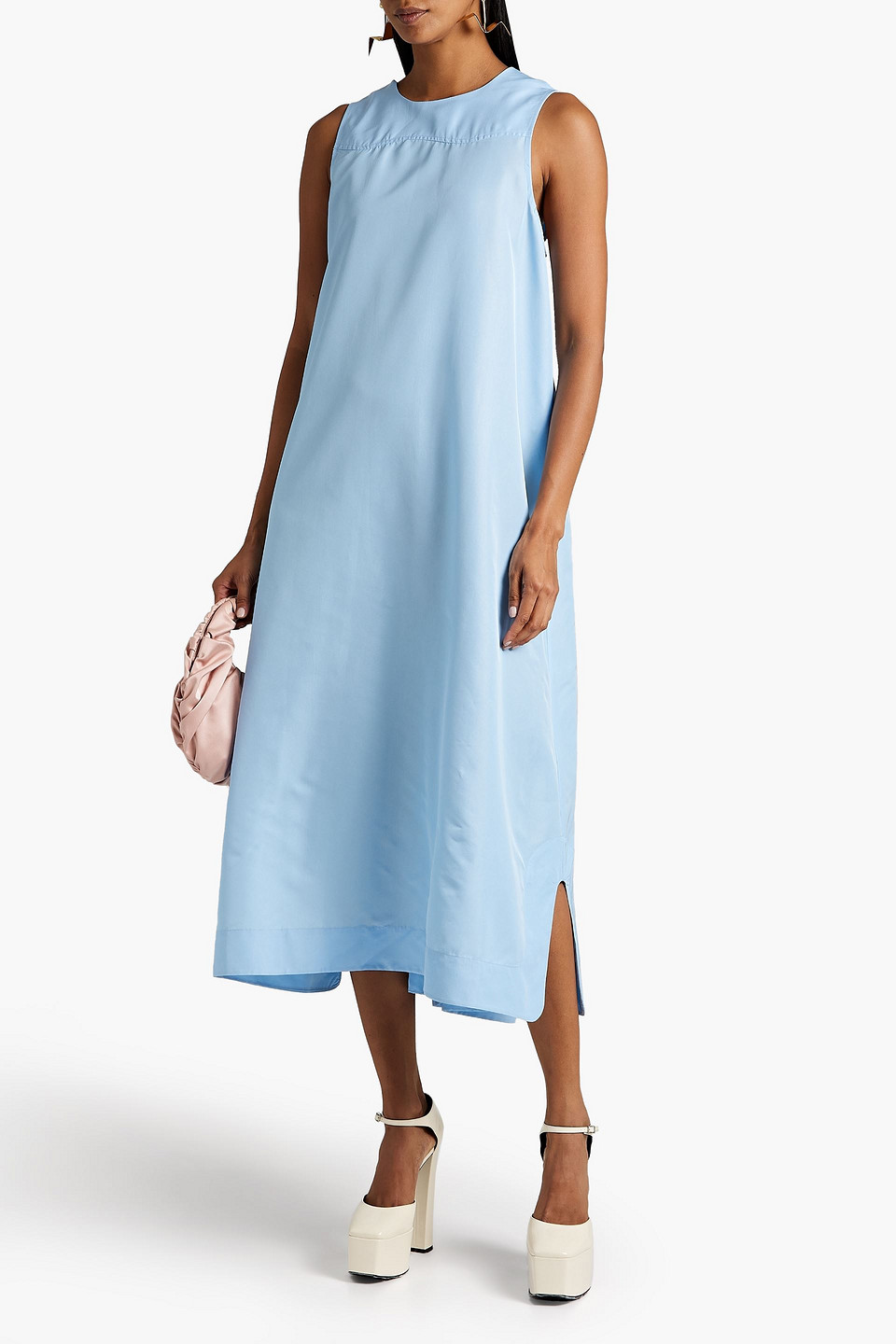 Ganni Open-back Gathered Shell Midi Dress In Light Blue | ModeSens
