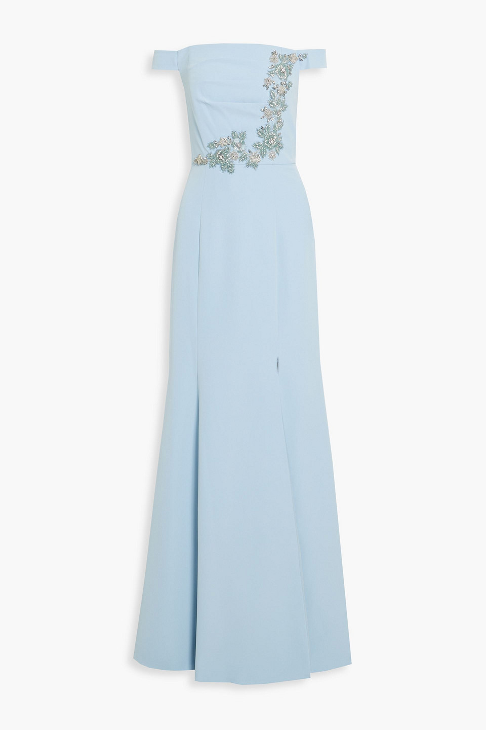 Off-the-shoulder appliquéd crepe gown