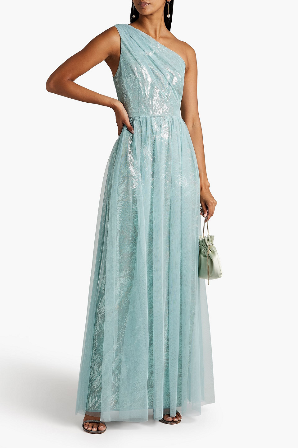 Aidan Mattox One-shoulder Sequined Tulle Gown In Mint | ModeSens