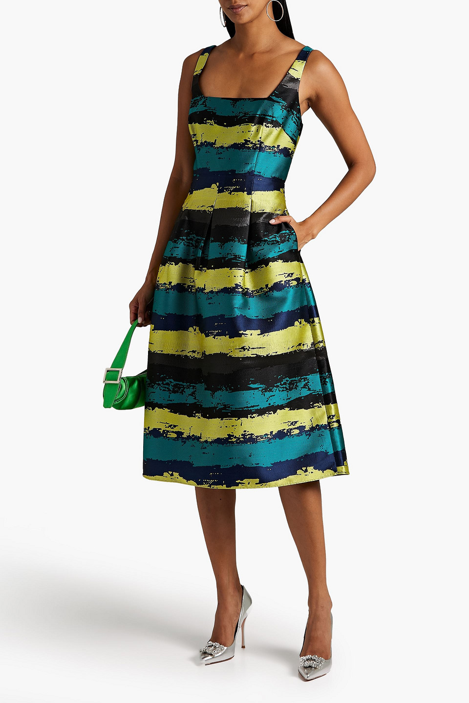 Aidan Mattox Pleated Satin-jacquard Midi Dress In Multicolor