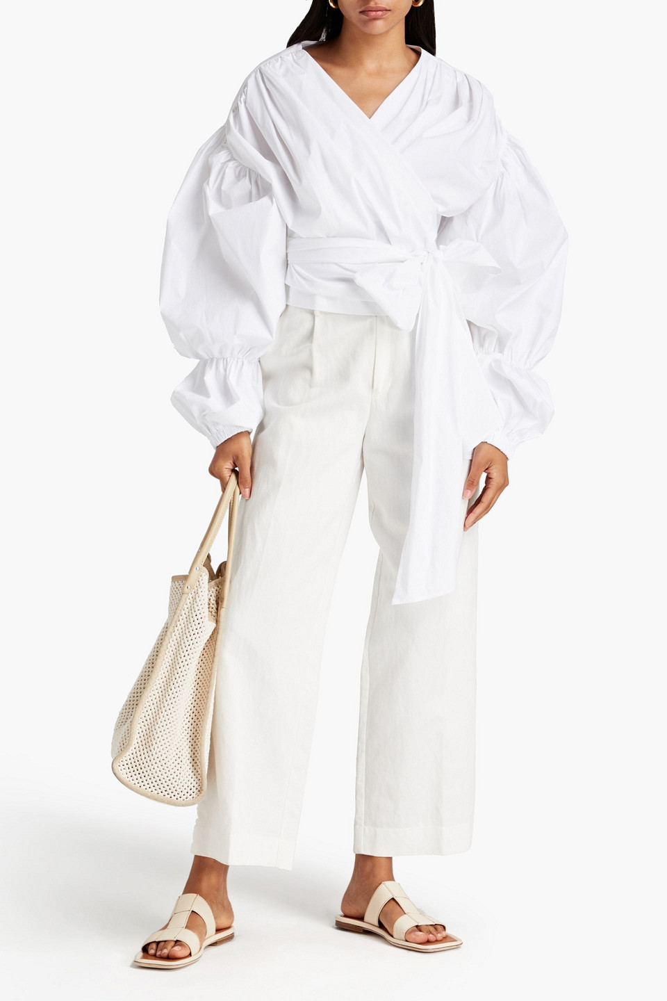 Piece Of White Clare Ruched Cotton-blend Poplin Wrap Top In White