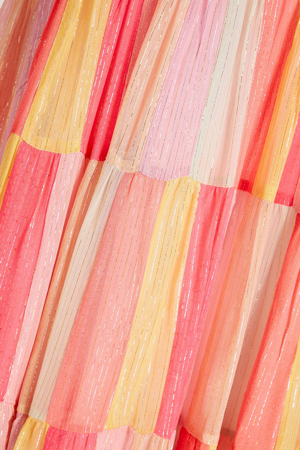 SUNDRESS TIERED STRIPED METALLIC GEORGETTE HALTERNECK MAXI DRESS