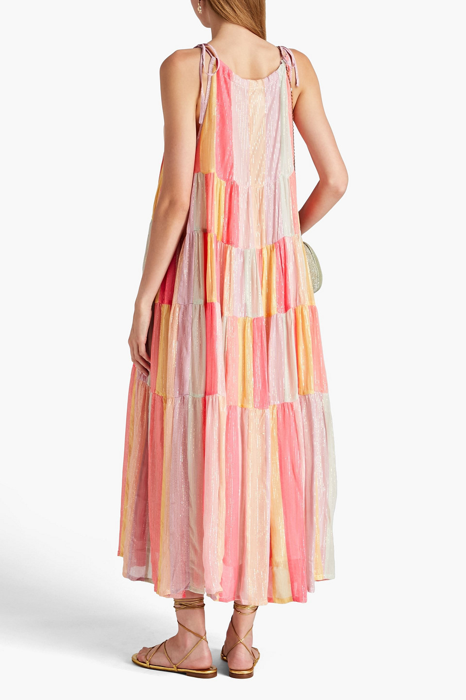 SUNDRESS TIERED STRIPED METALLIC GEORGETTE HALTERNECK MAXI DRESS