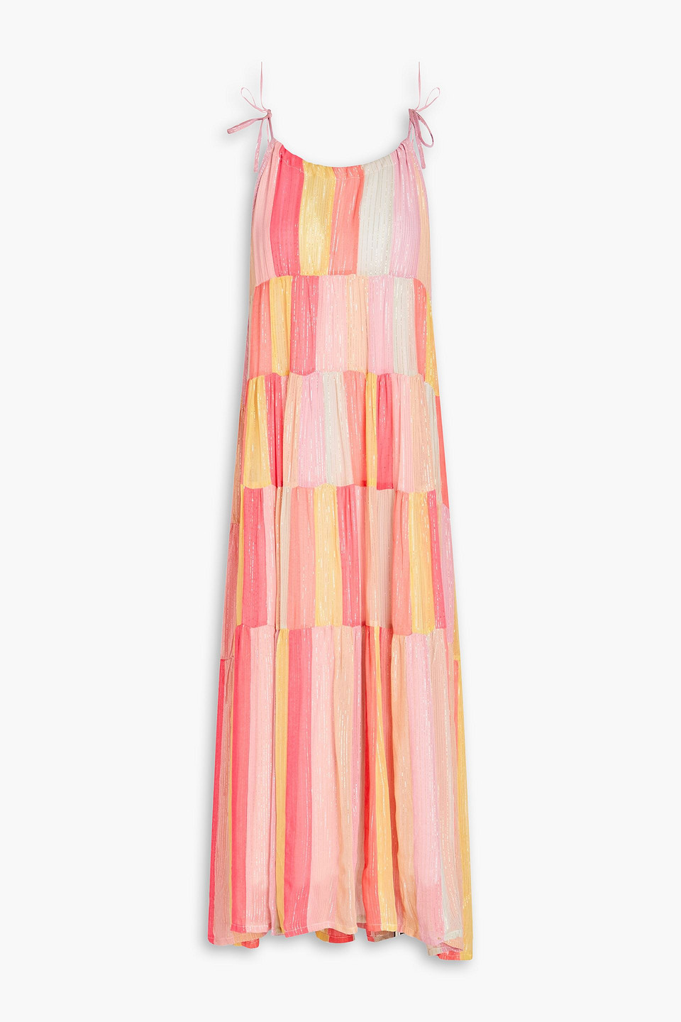 Sundress Tiered Striped Metallic Georgette Halterneck Maxi Dress In Multi