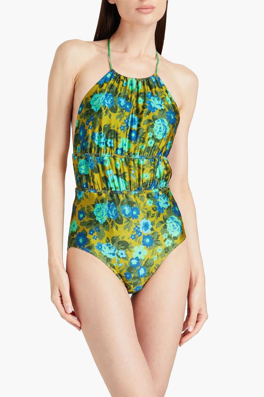 ZIMMERMANN Gathered floral-print halterneck swimsuit