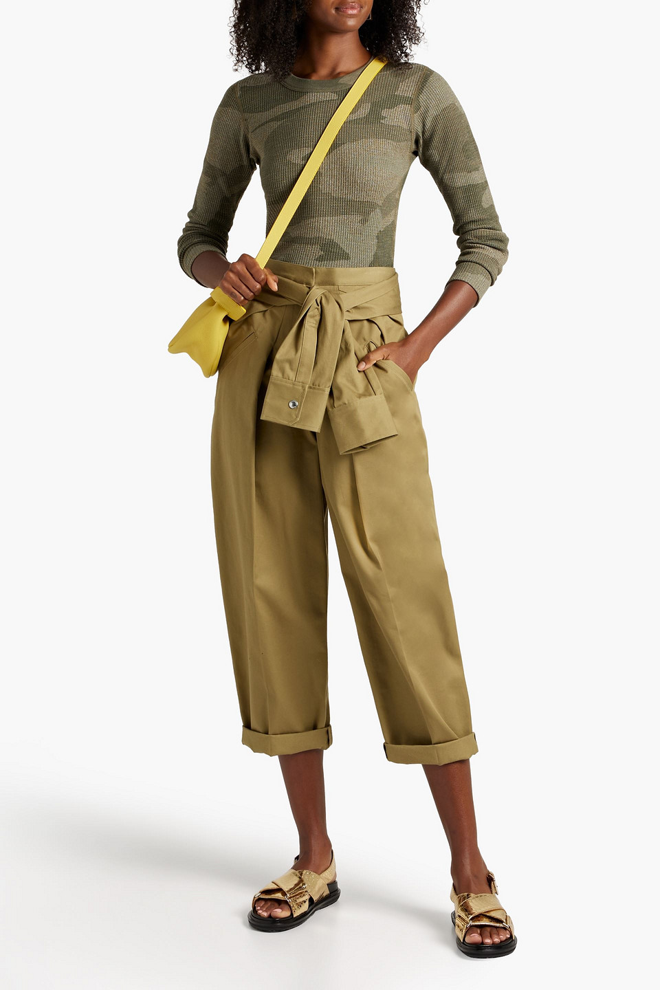 Monrow Camouflage Waffle-knit Top In Army Green