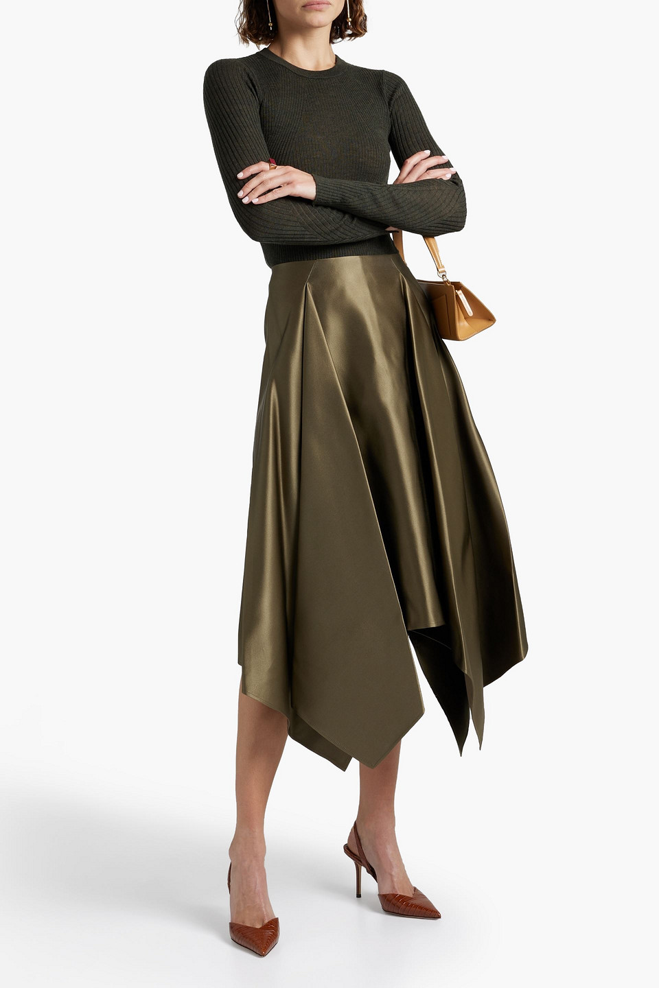 Ferragamo Pleated Duchesse Silk-satin Midi Skirt In Army Green