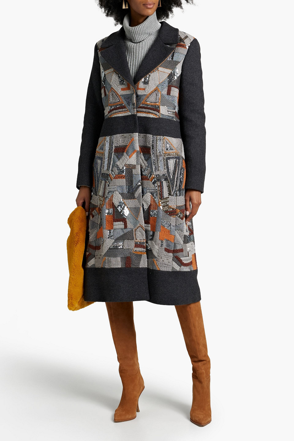 Shop Etro Appliquéd Wool-blend Coat In Charcoal