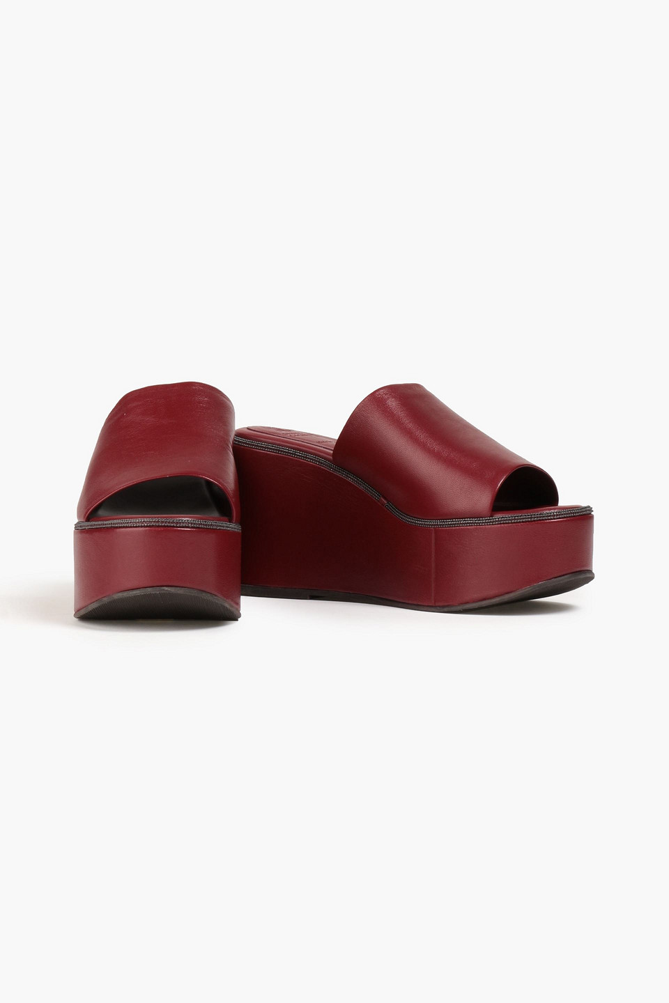 Brunello Cucinelli Bead-embellished Leather Platform Sandals In Burgundy