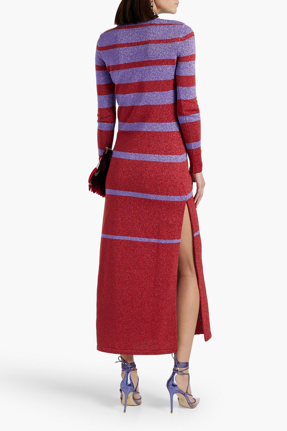 Shop Rabanne Metallic Striped Knitted Turtleneck Maxi Dress In Crimson