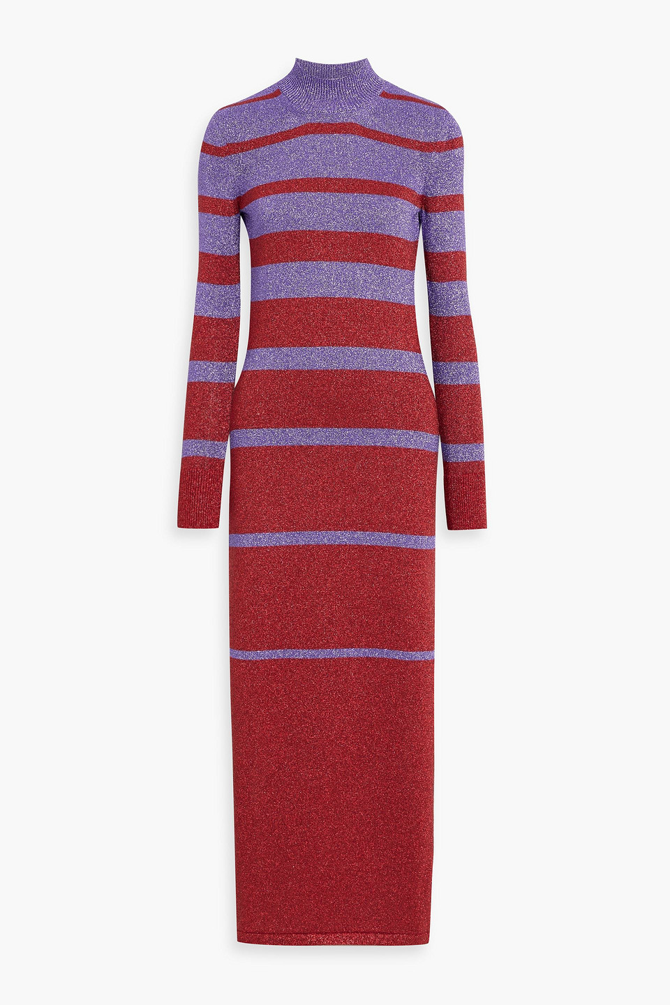 Shop Rabanne Metallic Striped Knitted Turtleneck Maxi Dress In Crimson